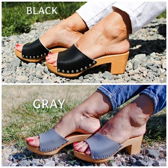Buy LEATHER SANDALS With Studs Medium Heel Sandals Wood Platform