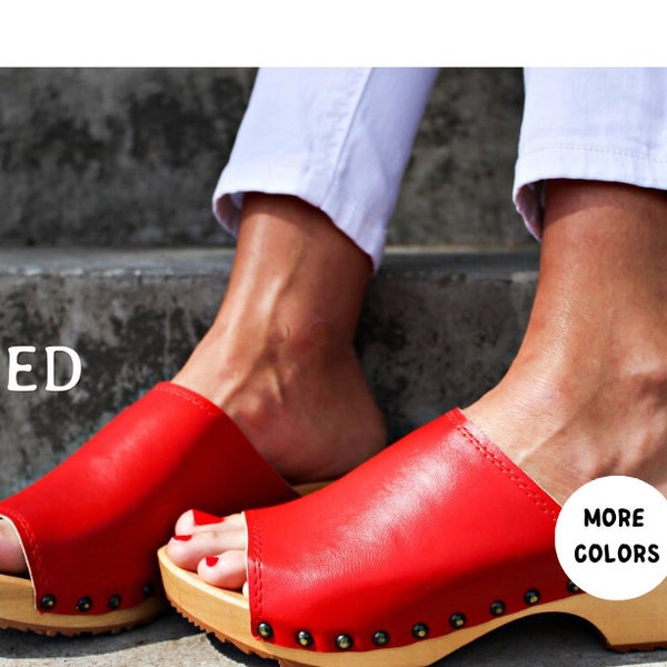 Leather women sandals Red wooden clogs open toe sandals for her wood platform sandals leather slippers new women shoes flip flops low heel