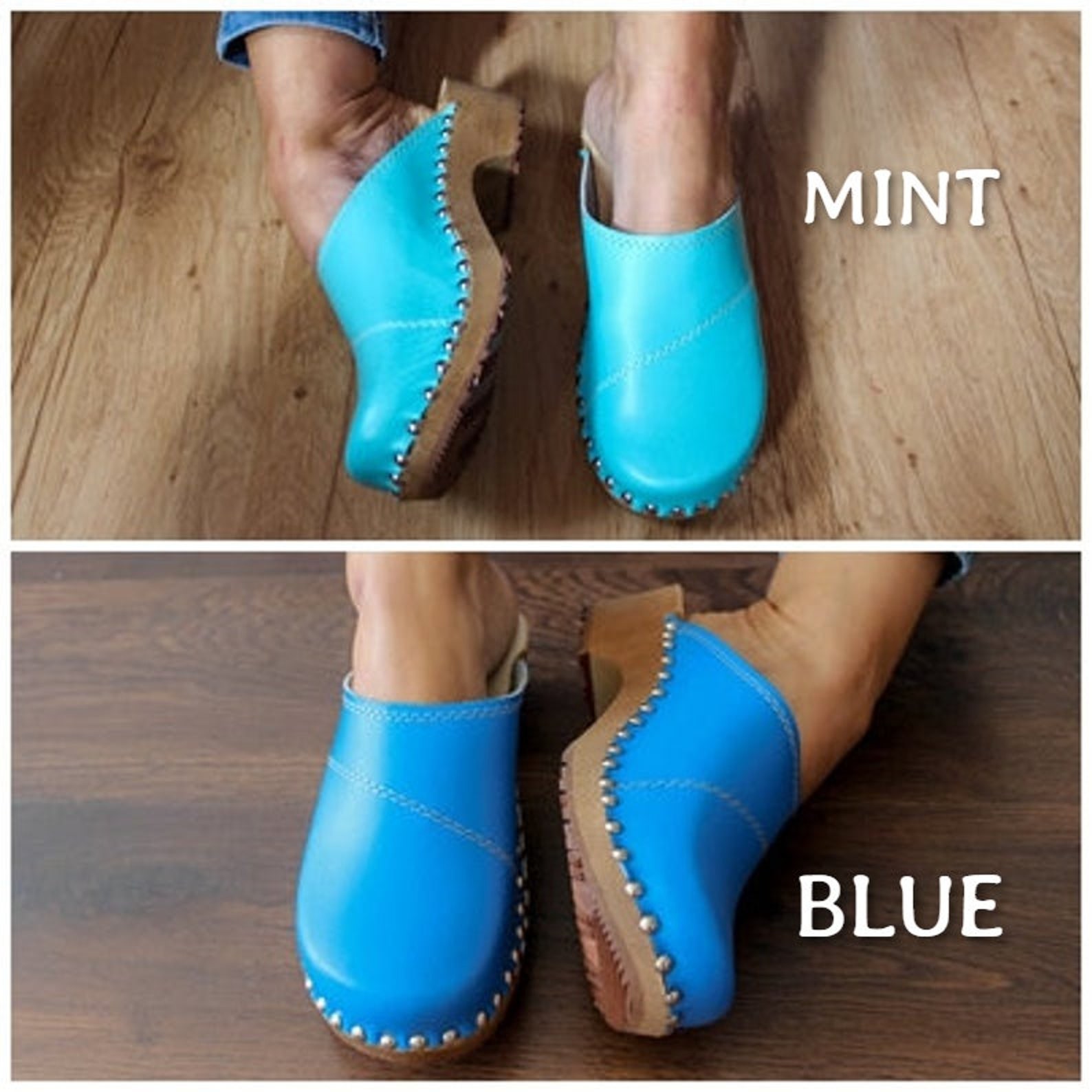 leather wooden clogs
