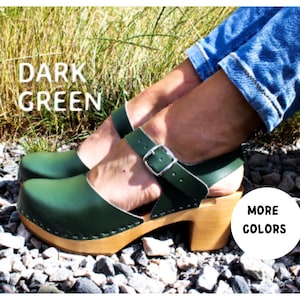 Leather clogs green sandals Wooden clogs swedish clogs Handmade clogs sandals high heel  wood clog new clogs dark green shoes platform