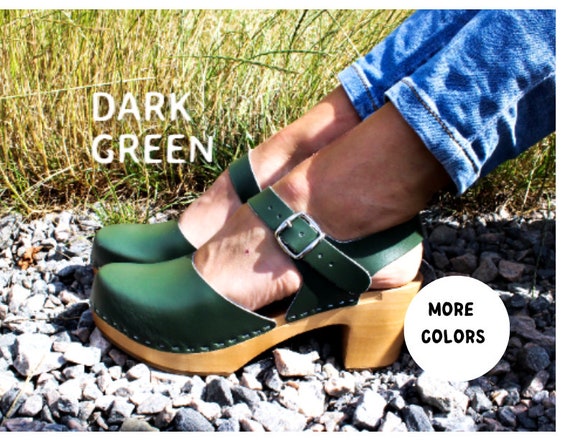 Leather Clogs Green Sandals Wooden Clogs Swedish Clogs Handmade Clogs  Sandals High Heel Wood Clog New Clogs Dark Green Shoes Platform -   Canada