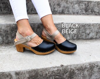 heeled clogs with strap