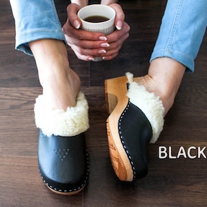 Zweedse klompen met bont Houten klompen voor mannen Damesklompen Leren bontklompen Houten damesklompen Klompen winterschoenen warme klompen houten zool