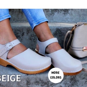 LEDER Clogs Sandalen schwedische Holzschuhe Clogs Frauen Holzschuhe Beige Clogs Leder Clogs Ledersandalen Holz Clogs Knöchel Riemen Ferse Maultier