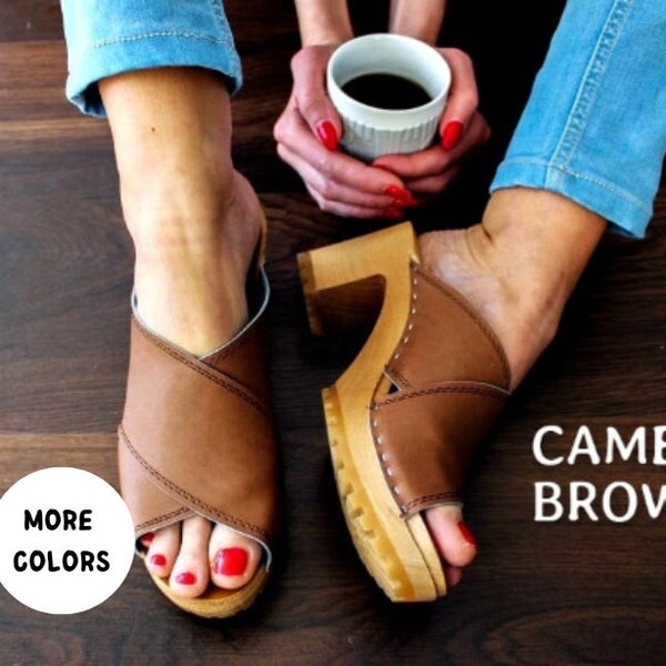 Leather sandals with wooden sole High heel sandals for women Strappy sandals Shoes with wooden platform brown clogs slip on sandals open toe