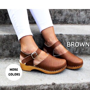 Clogs women  Leather women shoes with belt low heel sandals close toe sandals wooden platform mule wide feet 11 12 size 45 black brown