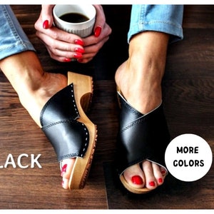 Leather Sandals Black Clogs Sandals Wooden sandals Handmade Sandal platform low heel women sandals mule sweden clogs summer shoe brown beige