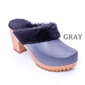 Novos tamancos tamancos de pele tamancos femininos tamancos de couro tamancos de pele tamancos cinza femininos botas tamancos de salto alto sapatos quentes sapatos de pele salto de madeira frete grátis