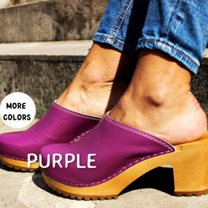 New LEATHER SANDALS high heel shoes platform wood purple swedish clogs slippers leather clogs wood wooden clogs platform violet sandals gift