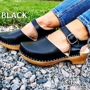 Clogs Brown women Leather women shoes with belt low heel sandals close toe sandals wooden platform boots wide feet 11 12 size 45 black brown image 2