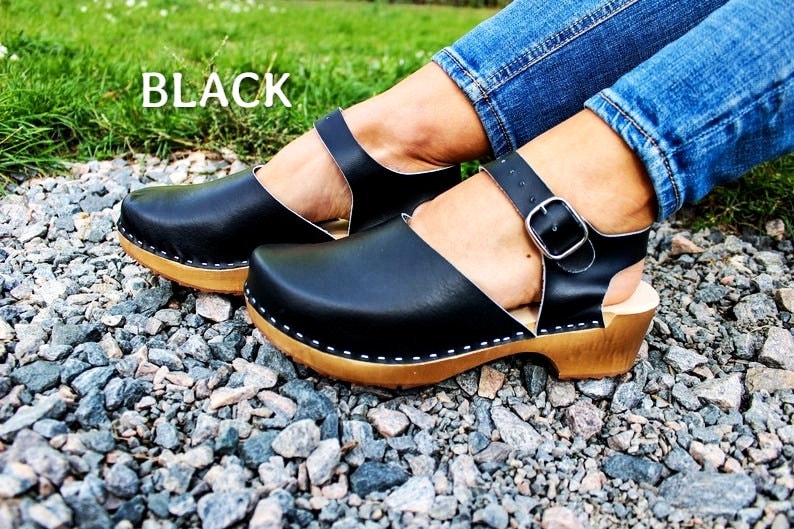 Clogs Brown women Leather women shoes with belt low heel sandals close toe sandals wooden platform boots wide feet 11 12 size 45 black brown image 2