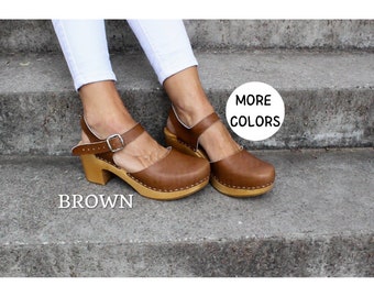 Clogs for women brown sandals Women shoes Leather clogs  brown ankle strap shoes Boots Women moccasins Wood mule clogs high heel sandals