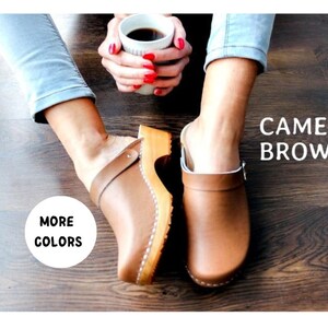Leather clogs brown sandals  Wooden clogs  swedish clogs Handmade clogs sandals high heel wood clog low heel shoes brown clogs for her gift