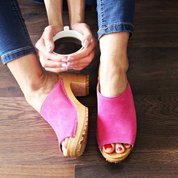 Women suede leather sandals high heel clogs women clogs slip on mule pink women clogs platform sandals lug sole troentorp sole giftslip on