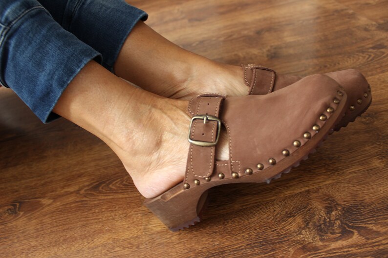 wooden leather clogs