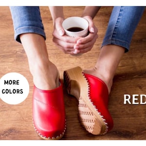 Clogs Swedish clogs wooden clogs moccasins leather sandals women clogs clogs sandal leather clogs mules women sandals wood clogs red shoes