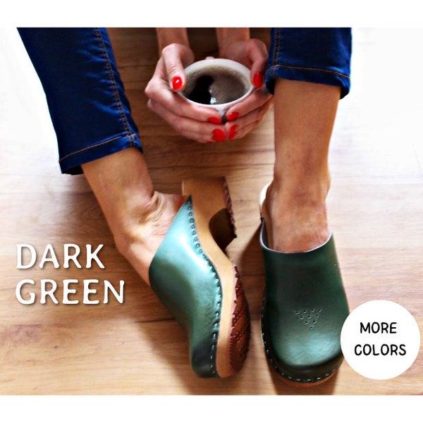 Brown Clogs for women  Wooden shoes Women clogs Leather clogs  clog Womens  Wood clogs shoes shoes with wooden sole sandal dark green clogs