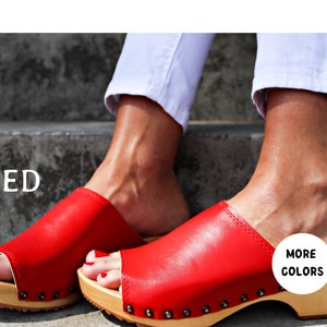 Leather women sandals Red wooden clogs open toe sandals for her wood platform sandals leather slippers new women shoes flip flops low heel