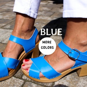 Leather clogs Blue sandals Ankle Strap Sandals Wooden clogs swedish clogs Handmade clogs sandals Gift for women mules high heel wood clog