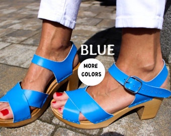 Leather clogs Blue sandals Ankle Strap Sandals Wooden clogs swedish clogs Handmade clogs sandals Gift for women mules high heel wood clog