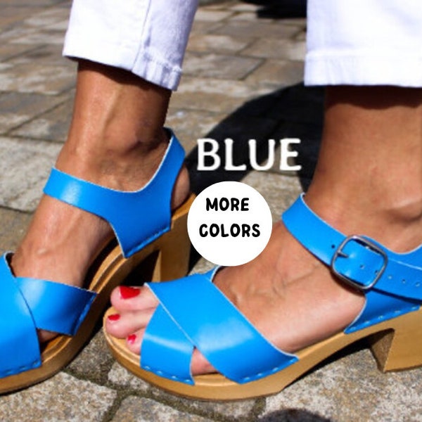 Leather clogs Blue sandals Ankle Strap Sandals Wooden clogs swedish clogs Handmade clogs sandals Gift for women mules high heel wood clog