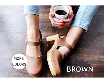 Leather clogs clog sandals Wooden clogs wooden sole shoes Handmade clogs sandals mules high heel wood shoes ankle strap shoes dark green