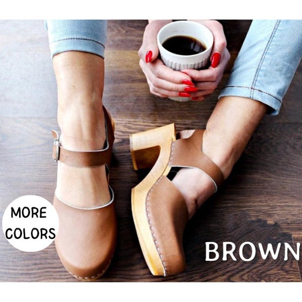Leather clogs clog sandals Wooden clogs wooden sole shoes Handmade clogs sandals mules high heel wood shoes ankle strap shoes dark green