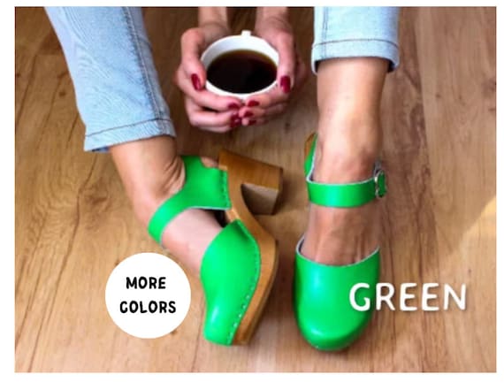 Ankle Strap Clogs Shoes With Belt Heig Heel Clogs Ankle Strap Sandals  Wooden Heel Shoes Wood Platform Sole Green Women Shoes Leather Sandals 