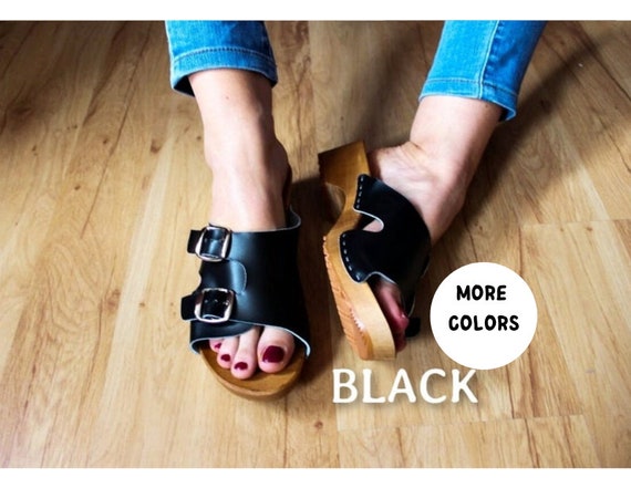 Leather Black Brown Sandals Heel Sandals With Studs Wooden Shoes