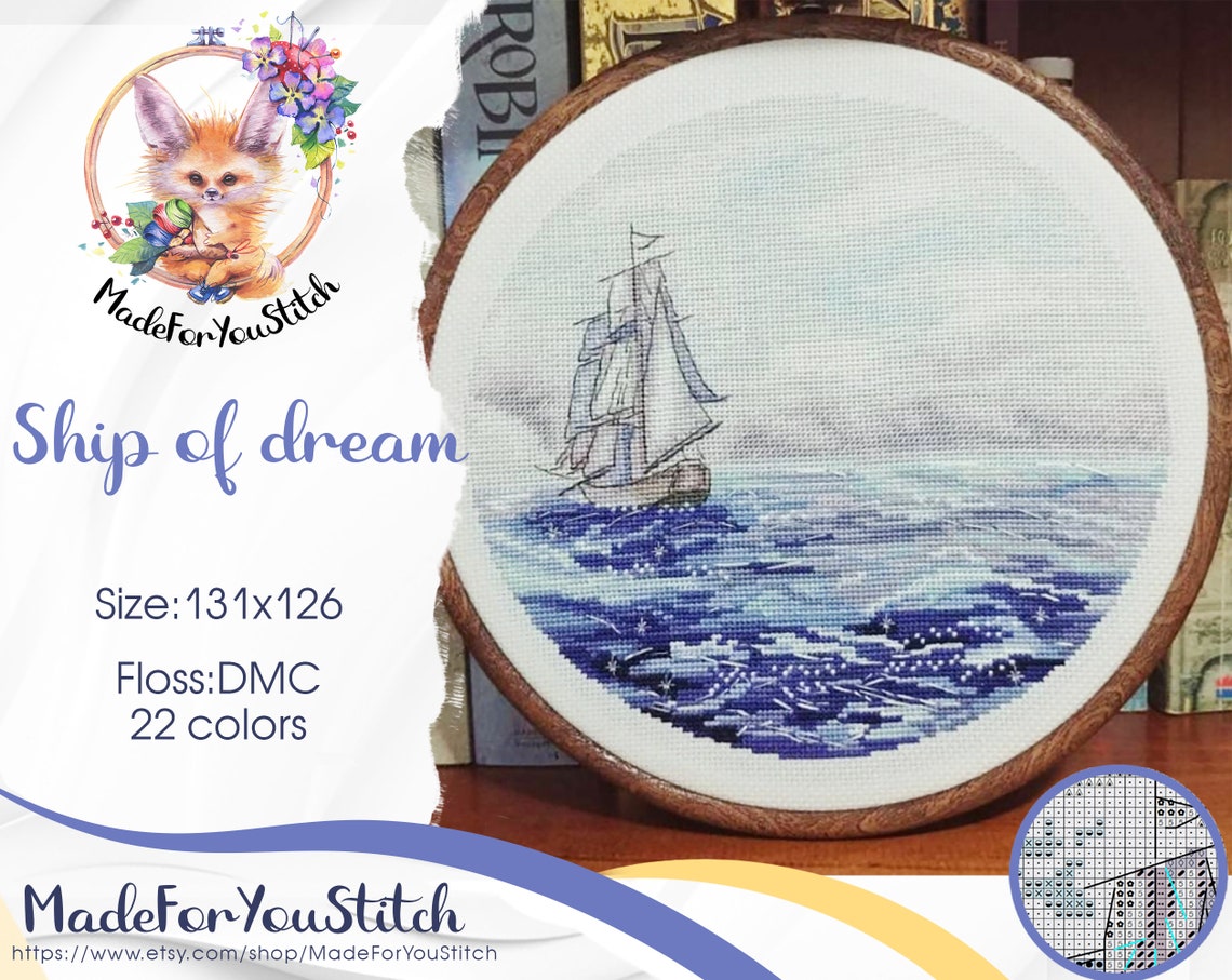 Ship counted cross stitch pattern PDF Round Ocean Seascape ...