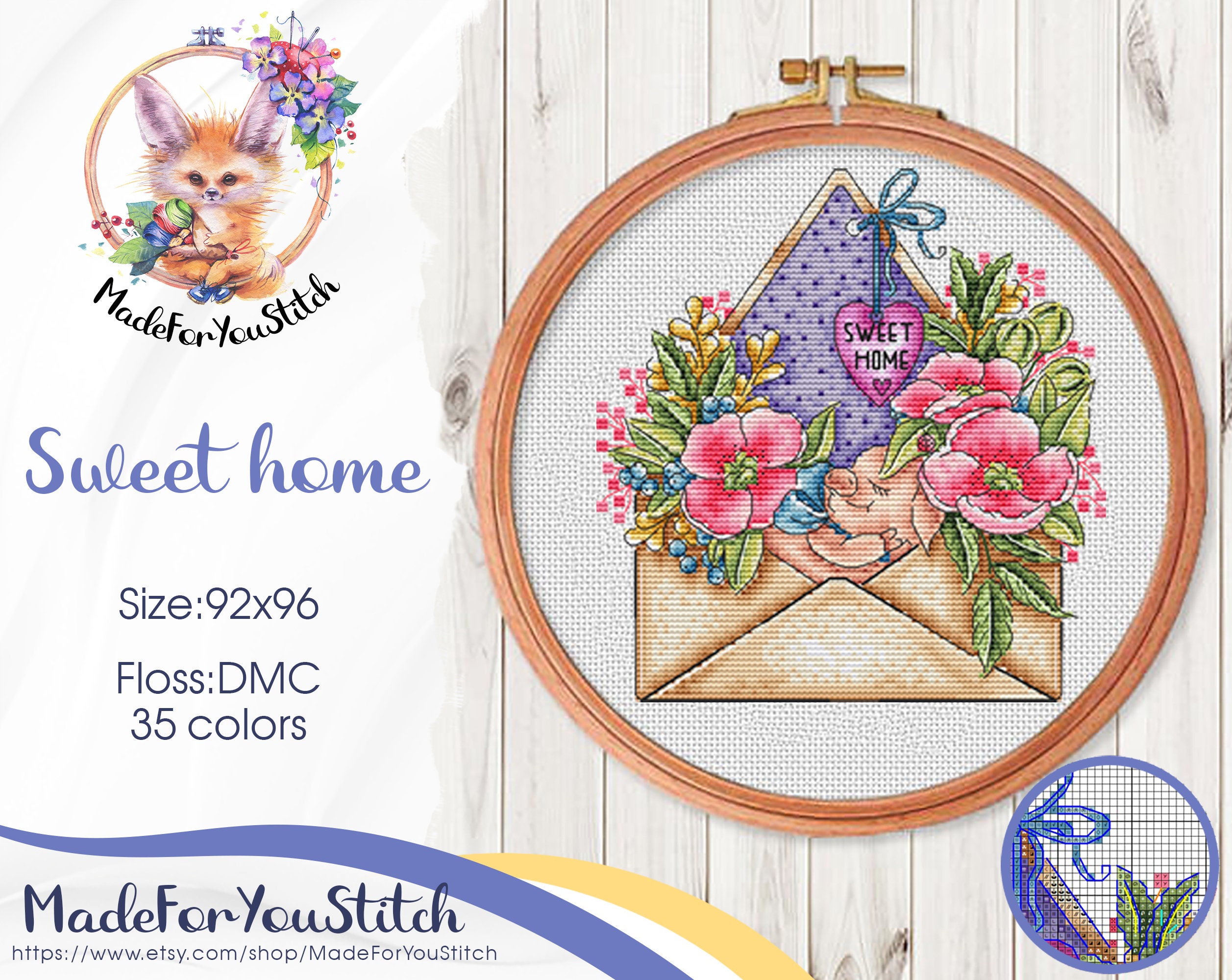 Home sweet home counted cross stitch pattern PDF Pink peony | Etsy