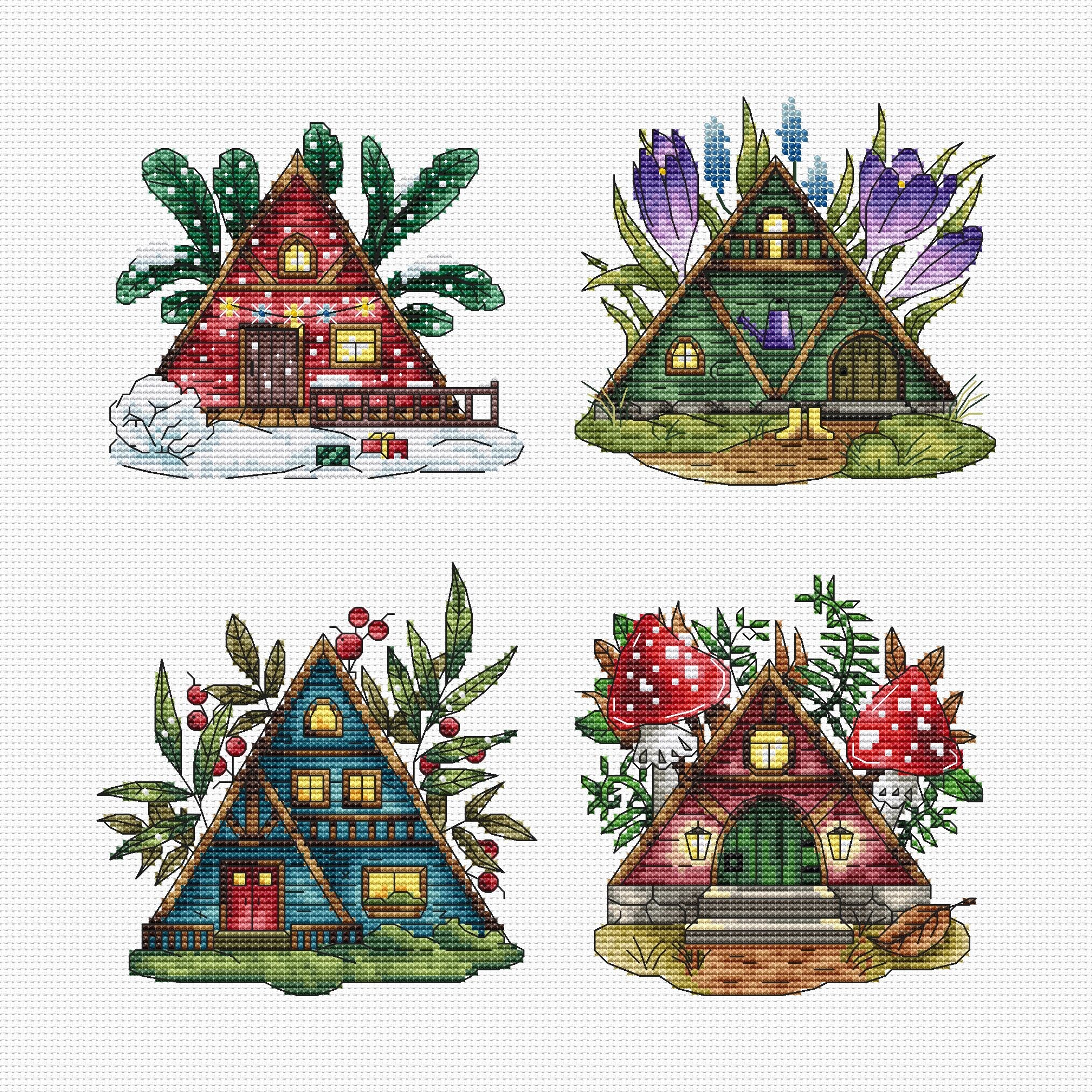 A-frame cabin cross stitch pattern Seasons embroidery Winter | Etsy