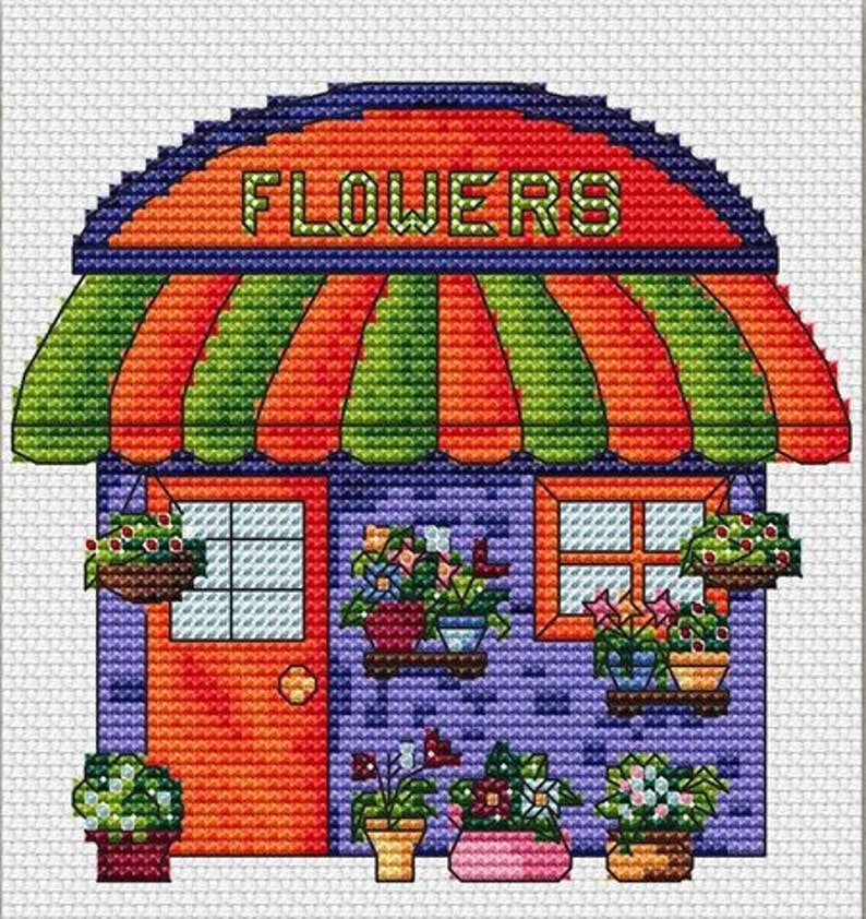 Flower Shop Counted Cross Stitch Pattern Pdf Little House Primitive Cottage Simple Plastic Canvas Village Sewing Fiber Plastic Canvas Senerval Eu