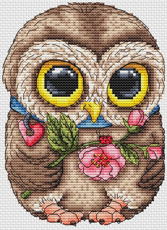 Cute Owl Counted Cross Stitch Pattern Kit Pdf Modern Pattern Funny Bird With Flowe Nedlepoint Pattern - 