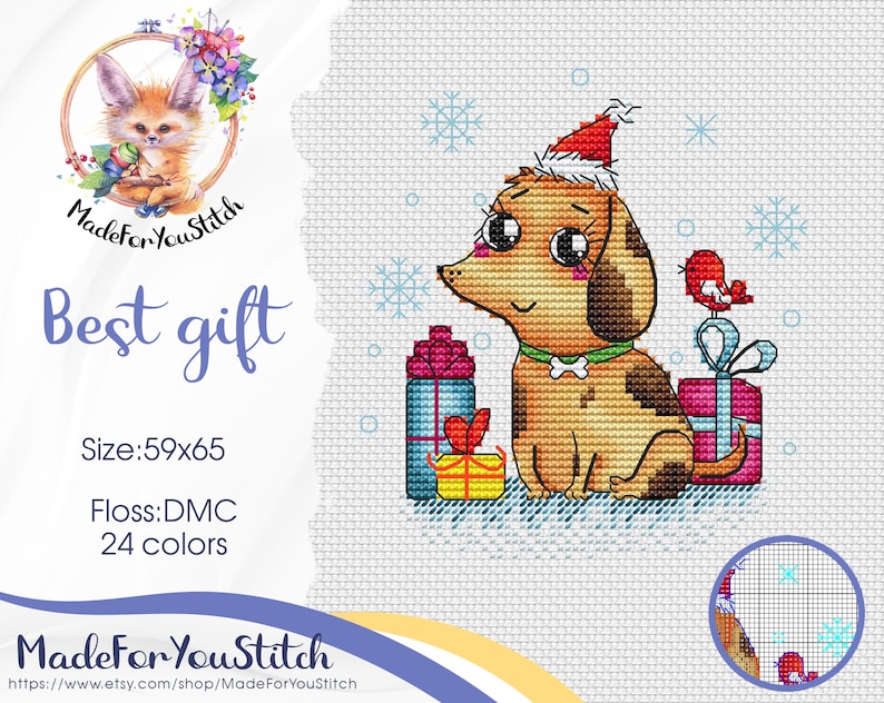 Christmas dog counted cross stitch pattern PDF Santa puppy ...