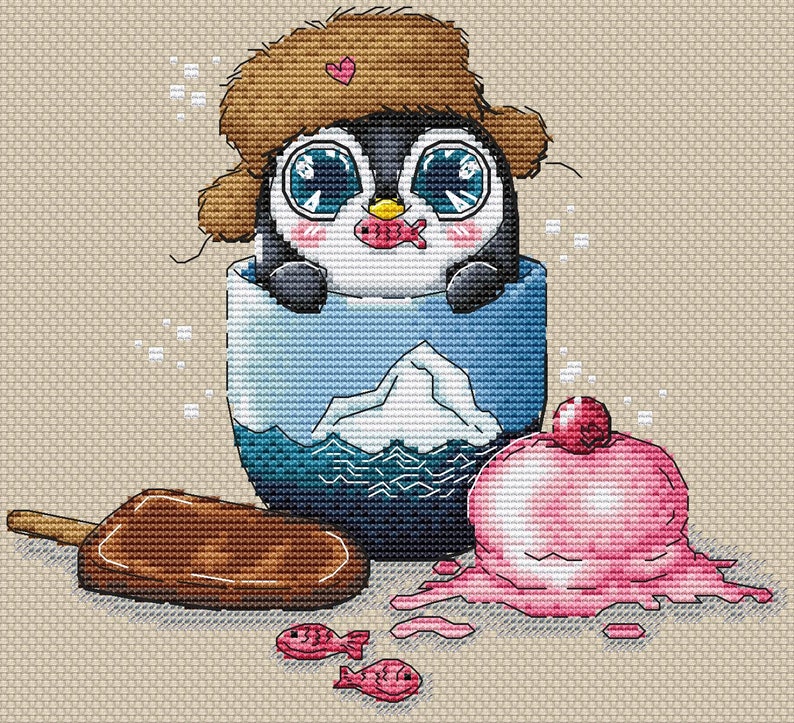 Penguin counted cross stitch pattern PDF Ice cream Little Etsy