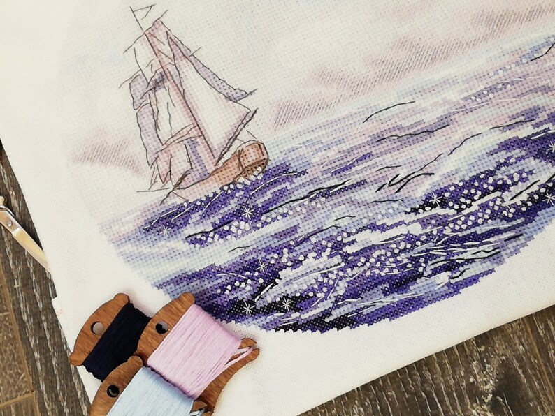 Ship counted cross stitch pattern PDF Round Ocean Seascape Sailing boat Large embroidery