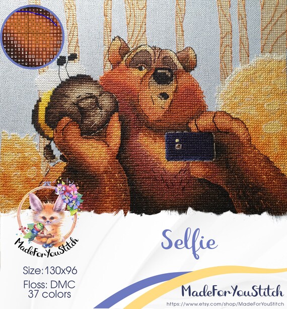 Brown Bear And Bee Selfie Cross Stitch Pattern Pdf Funny Animal Autumn Counted Embroidery