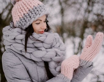 Set Of Arm Knitted Chunky Merino Wool Scarf Pom Pom Beanie Hat And Fingerless Mittens. Cozy Christmas Gift