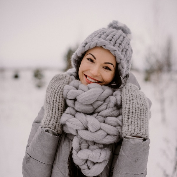 Ensemble de mitaines en laine mérinos tricotées, écharpe épaisse et bonnet à pompons, cadeau de noël confortable et chaleureux, tendance maintenant