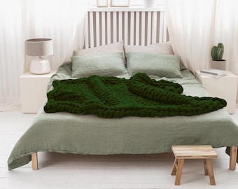 Manta de lana merino de punto grueso verde oscuro: manta gigante y acogedora