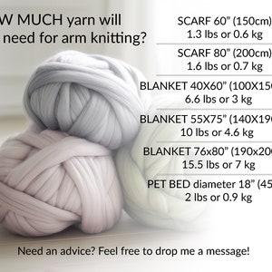 three balls of big jumbo yarn on the floor and reference weight options for chunky yarn blankets and scarves