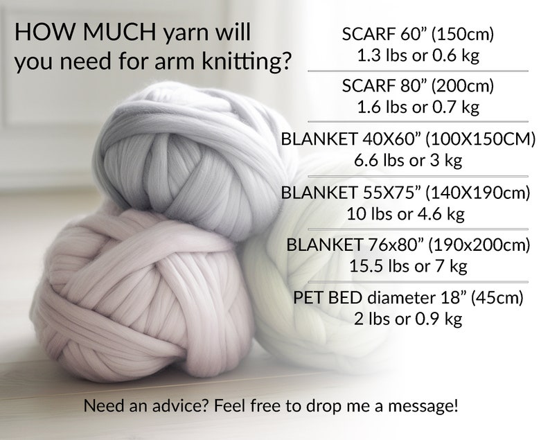 three balls of big jumbo yarn on the floor and reference weight options for chunky yarn blankets and scarves