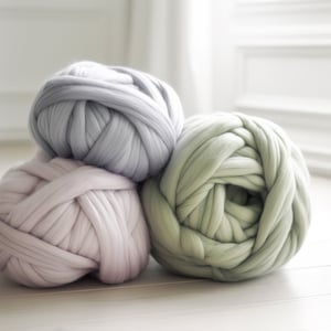 merino wool jumbo yarn balls in pastel colors on the floor