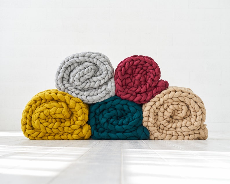 Huge chunky blankets in teal, mustard, burgundy, grey and beige