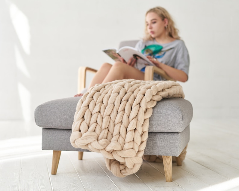 Giant Knit Blanket, Chunky Knit Throw, Arm Knit Chunky Blanket Made Of 100% Merino Wool BFF or Graduation Gift image 6