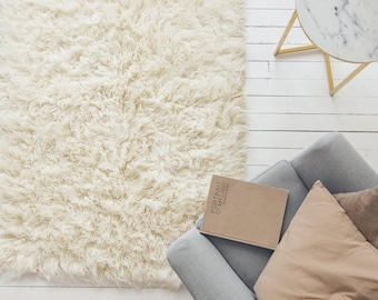 Flokati Rug Off White 2.5" Pile 1100 GSM Natural Undyed 100% Wool Shaggy Area Rug, Hand Tufted Rug Christmas Gift