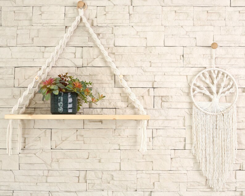 boho style shelf and wall hanging made of natural macrame cotton rope