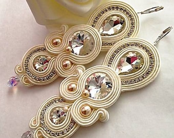 Wedding beige soutache long earrings