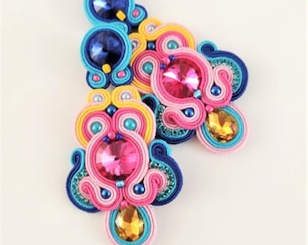 Summer turquoise, blue, pink and yellow soutache earrings